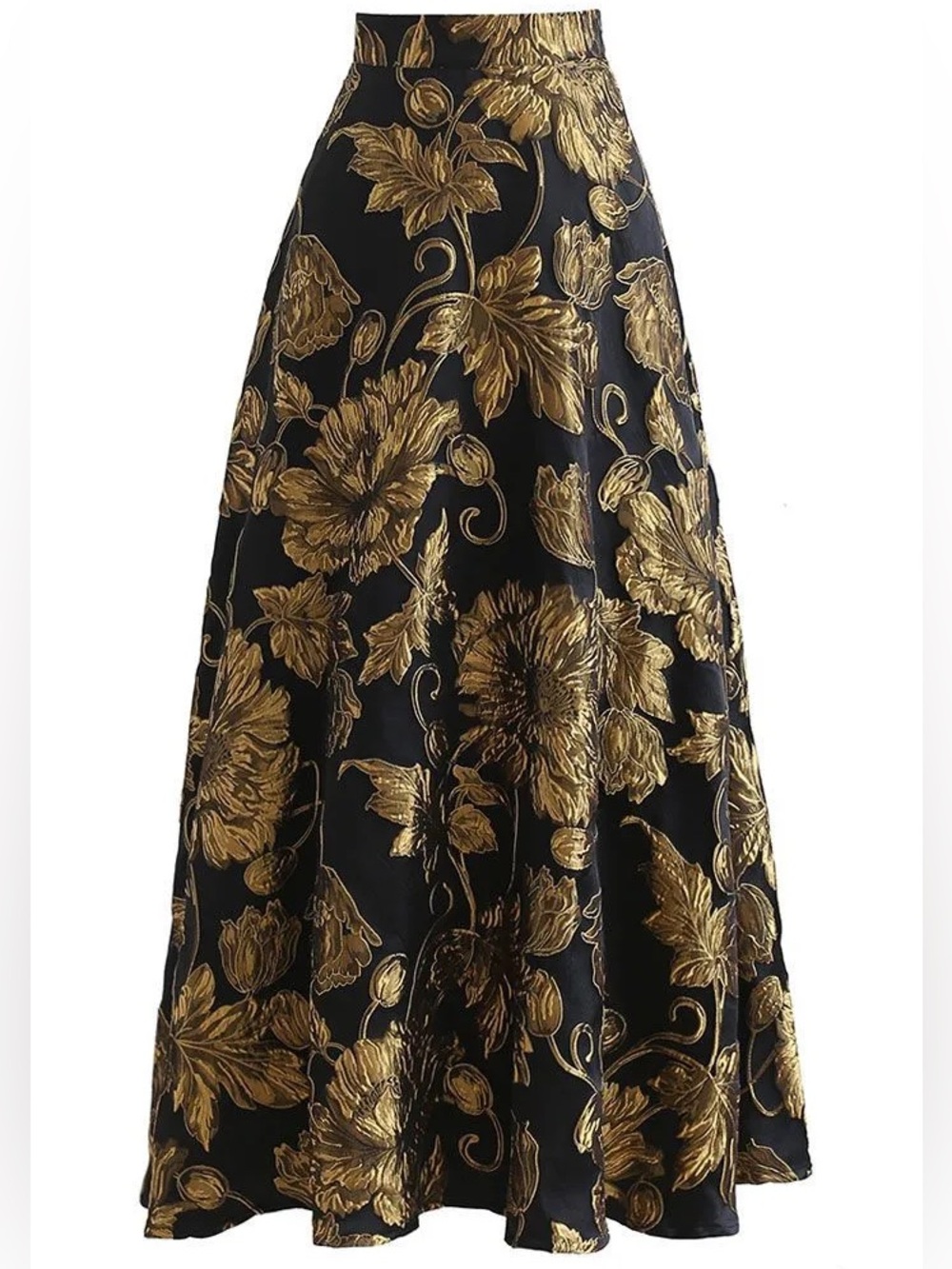 Chicwish Golden Bouquet Floral Jacquard Embossed Maxi Skirt in Black & Gold L